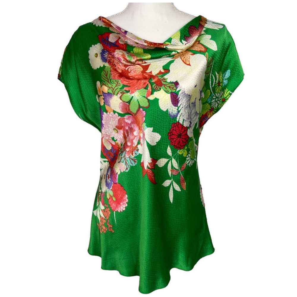 Natori Emerald Green Floral Cowl Neck Blouse